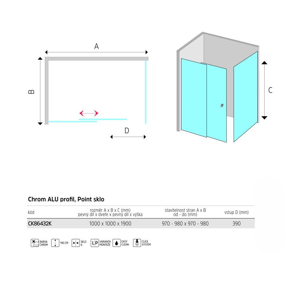 Mereo Sprchový kout, LIMA, čtverec, 100x100x190 cm, chrom ALU, sklo Point
