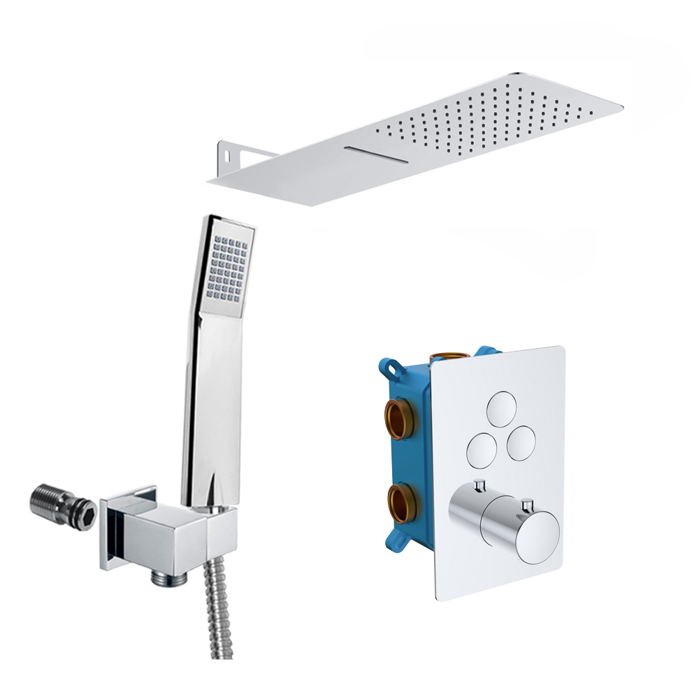 MEREO Sprchová sada s termostatickou podomítkovou tlačítkovou baterií - 3-cestná - hranatý kryt (CB60157TC2N)