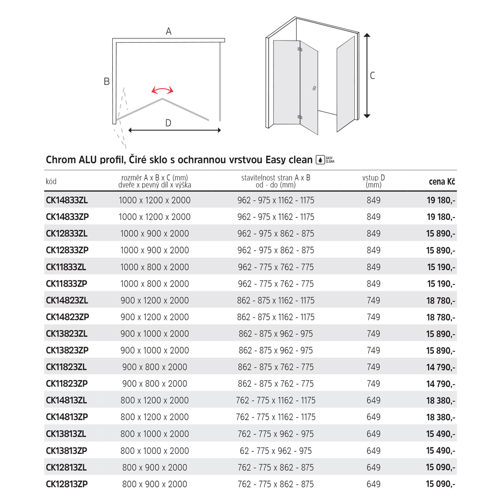 MEREO Zalamovací sprchový kout, Novea, obdélník, 90x120 cm, chrom ALU, sklo Čiré, dveře pravé a pevný díl (CK14823ZP)