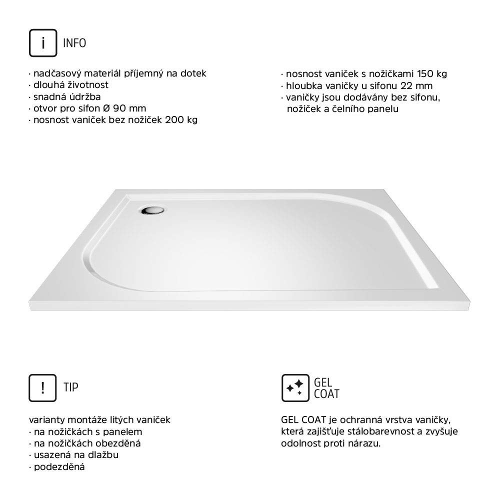 Mereo Obdélníková sprchová vanička, 100x80x3 cm, bez nožiček, litý mramor