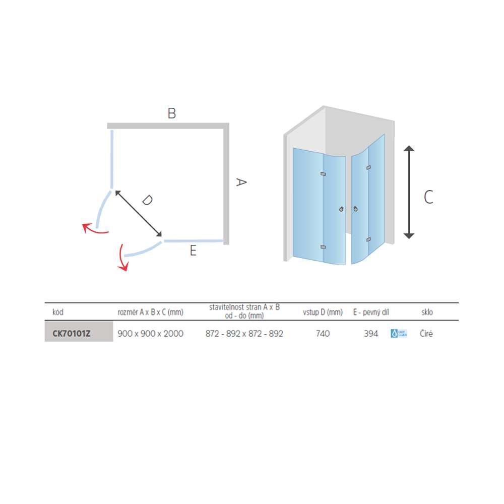 Mereo Sprchový kout, Novea, R 550, 90x90x200 cm, pantový, chrom ALU, sklo čiré 6 mm, EC
