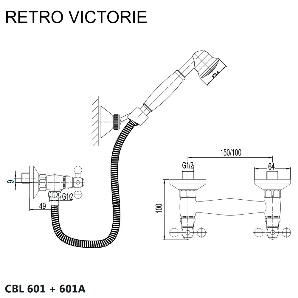 Mereo Sprchová nástěnná baterie, Retro Viktorie, 100 mm, s příslušenstvím, chrom (CBL601A)