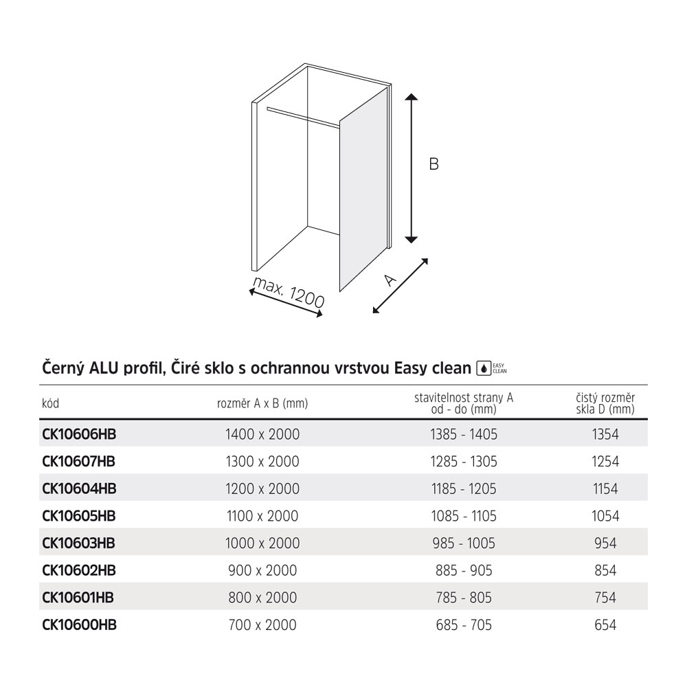 Mereo Sprchová stěna WALK IN, Novea, 70 x 200 cm, Black ALU, sklo Čiré