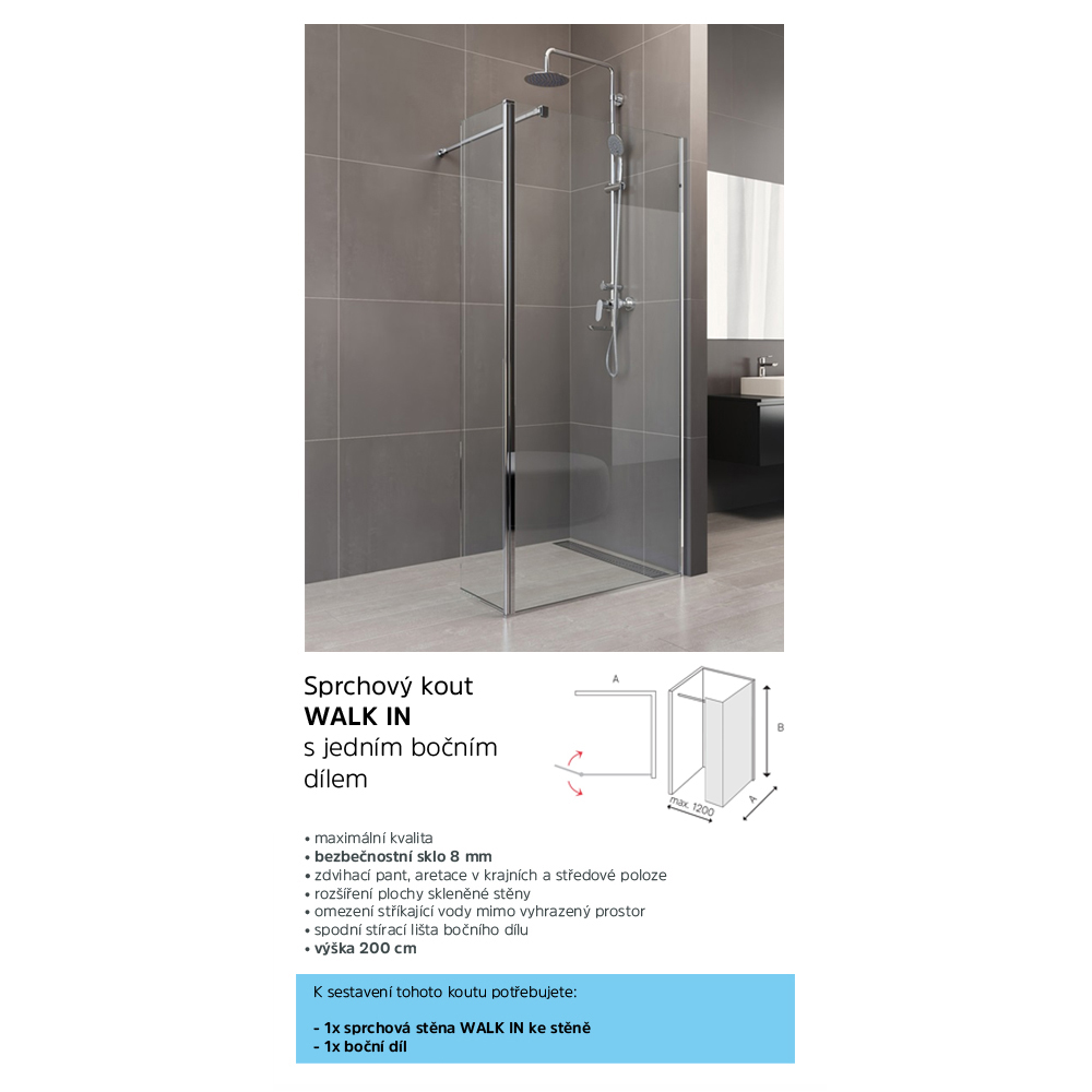 Mereo Boční díl pro WALK IN, Novea, 35 x  200 cm, chrom ALU, sklo Čiré
