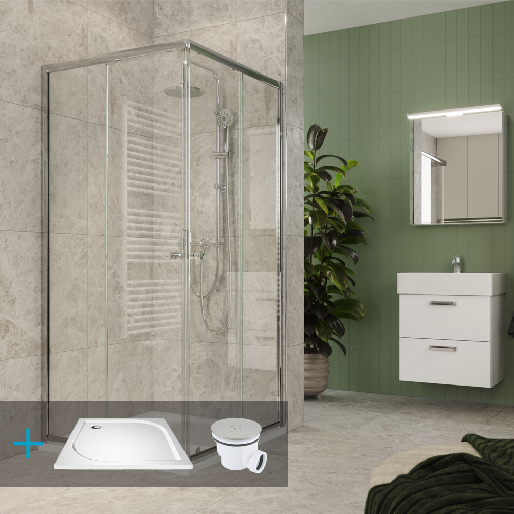 Mereo Kora Lite sprchový set: sprchový kout 80x80x185cm, chrom ALU, sklo čiré, 80 cm, vanička, sifon (CK34133ZM)