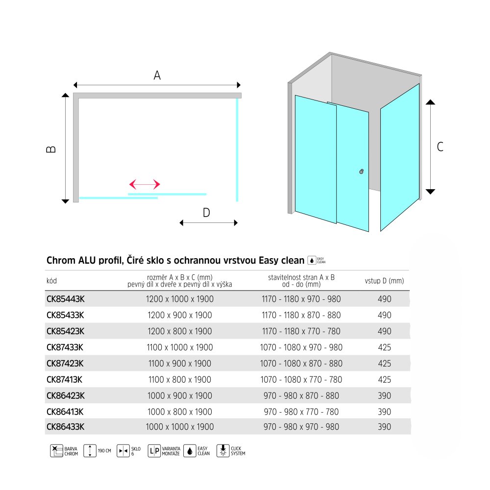 Mereo Sprchový kout, LIMA, obdélník, 100x90x190 cm, chrom ALU, sklo Čiré
