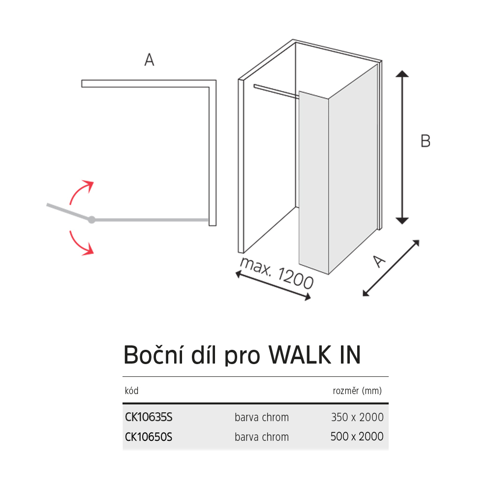 Mereo Boční díl pro WALK IN, Novea, 50 x  200 cm, chrom ALU, sklo Čiré