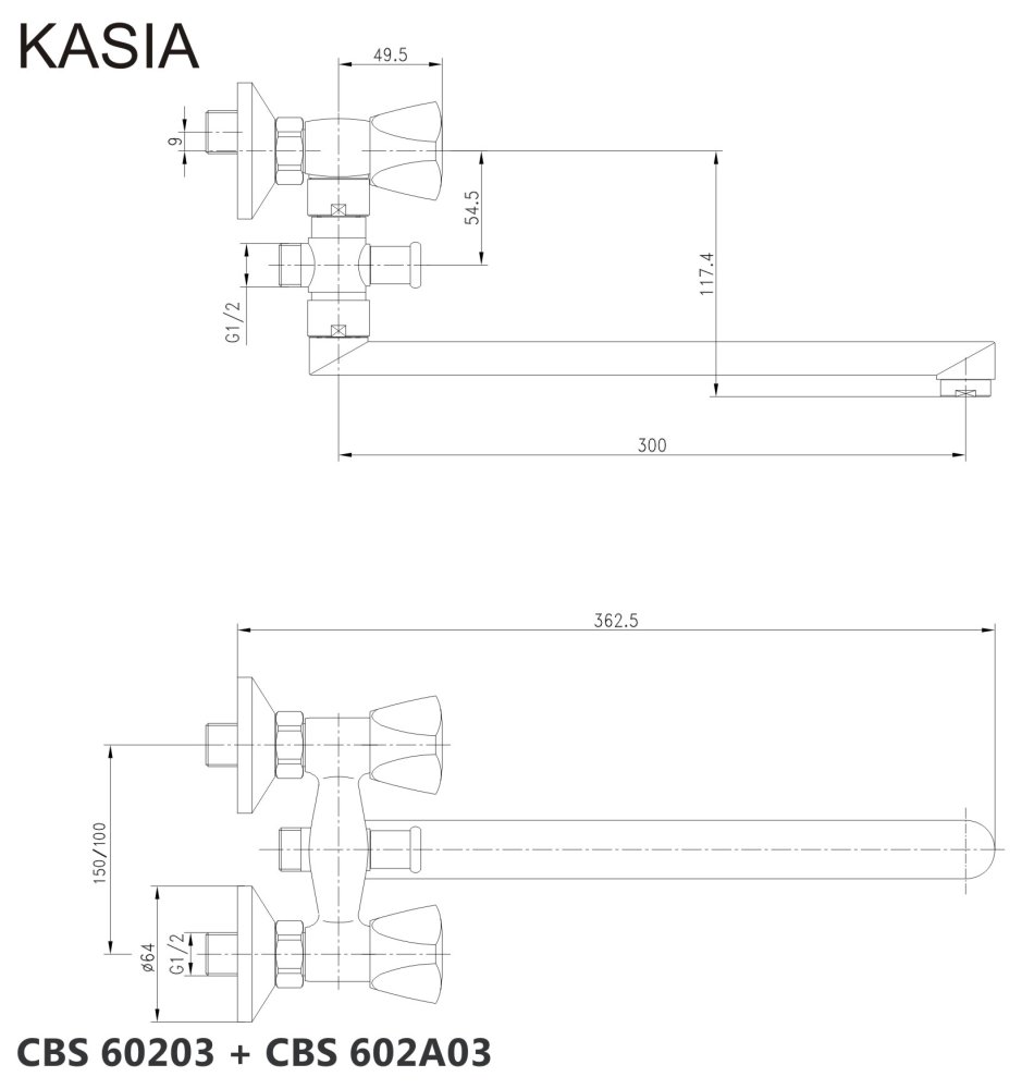 MEREO Nástěnná baterie do byt. jádra, Kasia, 100 mm, s ramínkem 300 mm, bez příslušenství, chrom (CBS602A03)