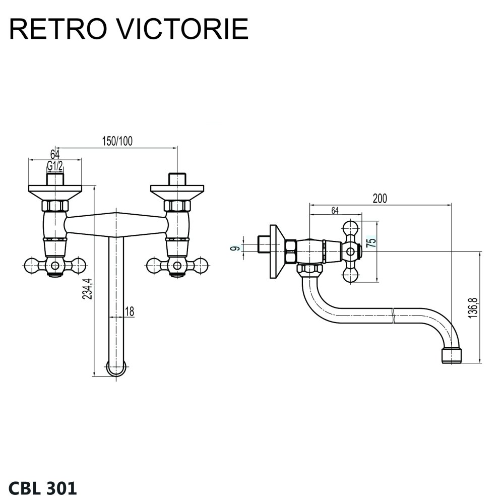Mereo Dřezová nástěnná baterie, Retro Viktorie, 150 mm, s ramínkem trubkovým ø 18 mm - 200 mm