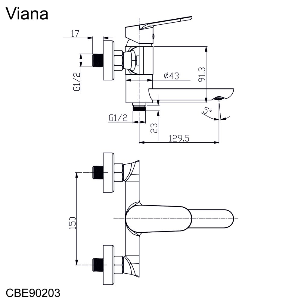 MEREO Vanová nástěnná baterie se sklopným ramínkem, Viana, bez příslušenství, 150 mm, chrom (CBE90203)