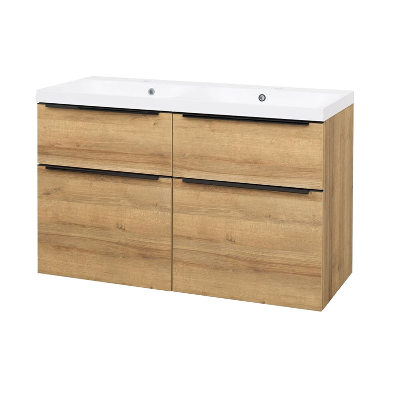 Mereo Mailo, koupelnová skříňka s umyvadlem z litého mramoru 121 cm, dub Riviera, černé madlo